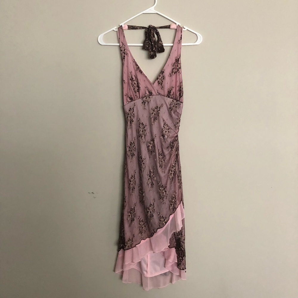 La Belle Pink and brown lace halter dress Sz S